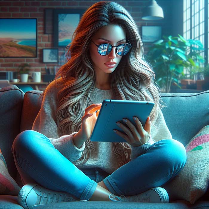 Illustrazione decorativa ispirata al personal branding. Raffigura una ragazza al pc intenta a migliorare la sua reputazione digitale.