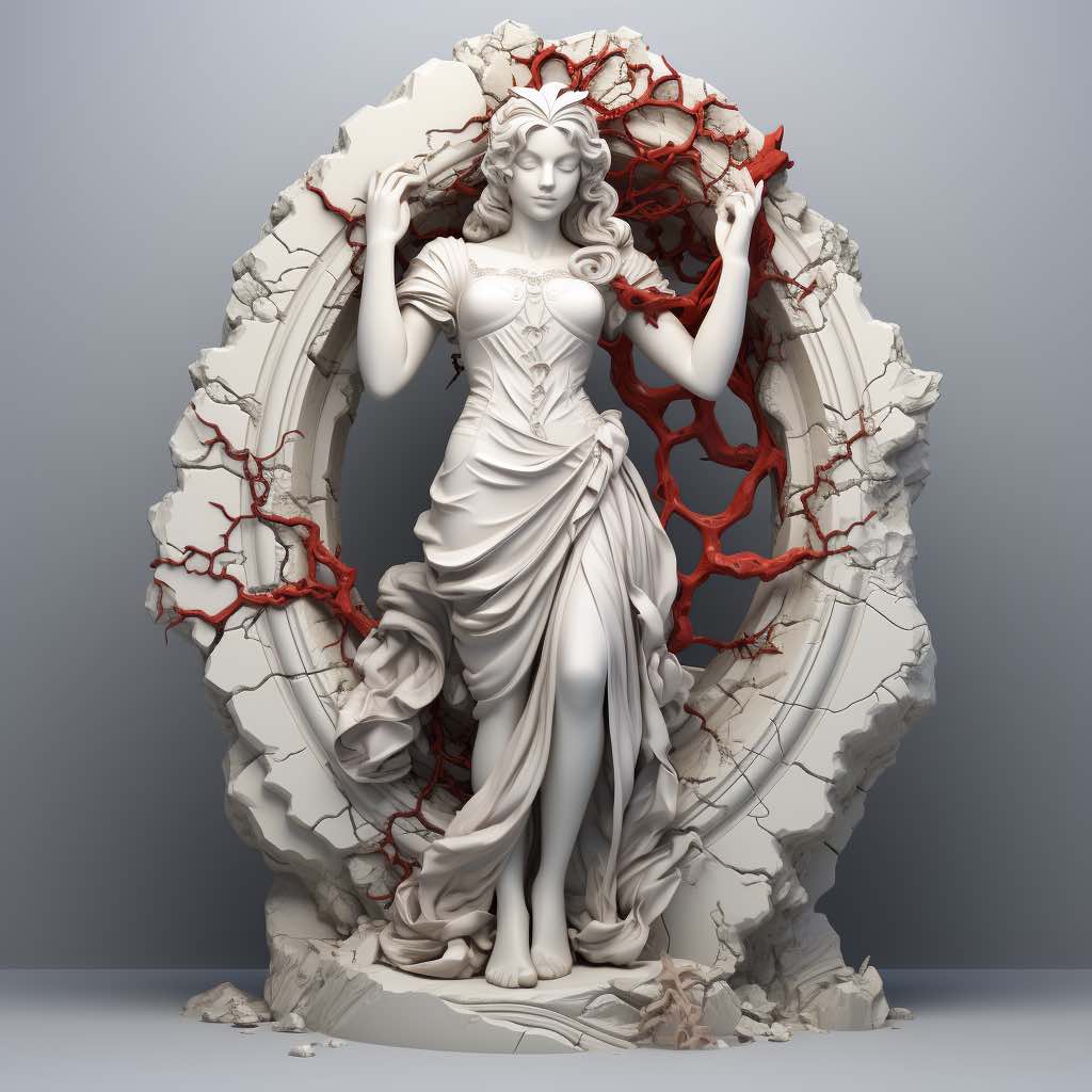 Scultura dettagliata raffigurante una donna in abito fluente all’interno di una cornice ovale fratturata, con rami rossi che emergono dalle crepe, esposta al Marmomac su sfondo grigio neutro.